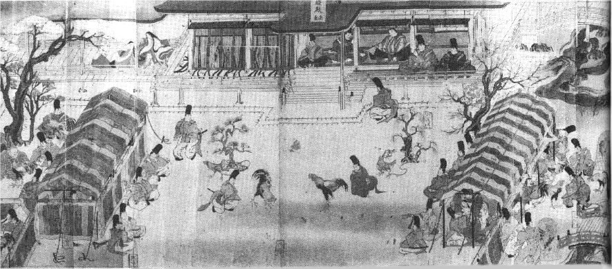 A scroll  illustration of a pair of early Japanese tents.